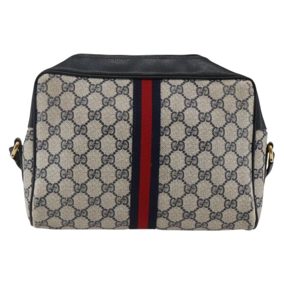 GUCCI GG Canvas Sherry Line Shoulder Bag PVC Leather Navy Red Auth - Picture 3 of 15